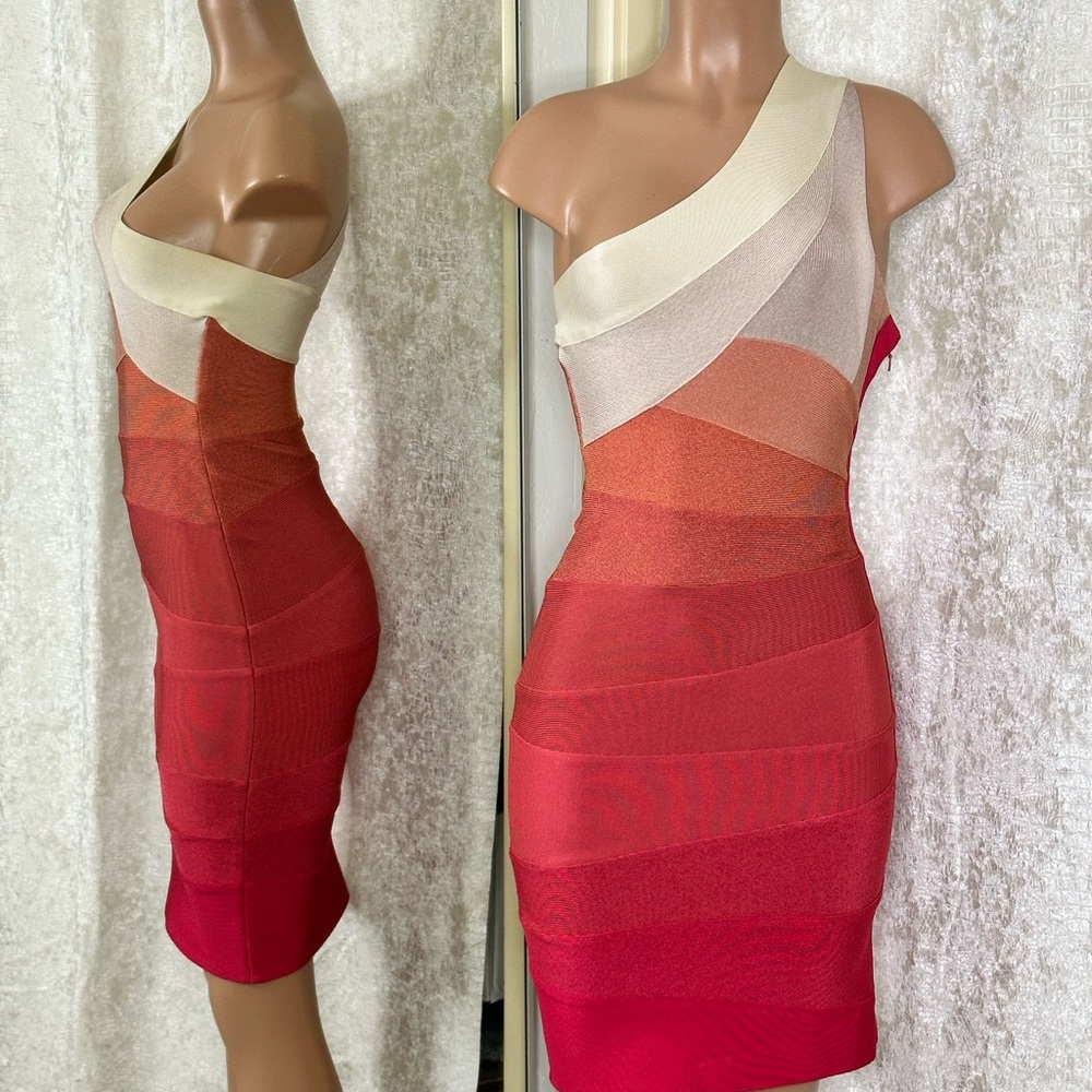 Herve Leger White and Pink Asymmetrical One-Shoulder Cocktail Bandage Dress